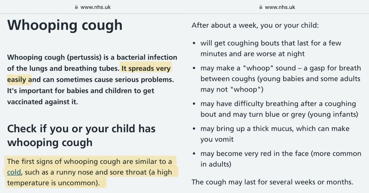 One of the reasons why whooping cough spreads so easily is that the first symptoms are mild & often assumed to be just a cold: ▪️runny nose ▪️sore throat ▪️mild cough ▪️usually NO high fever During this early stage, it is highly contagious. nhs.uk/conditions/who…