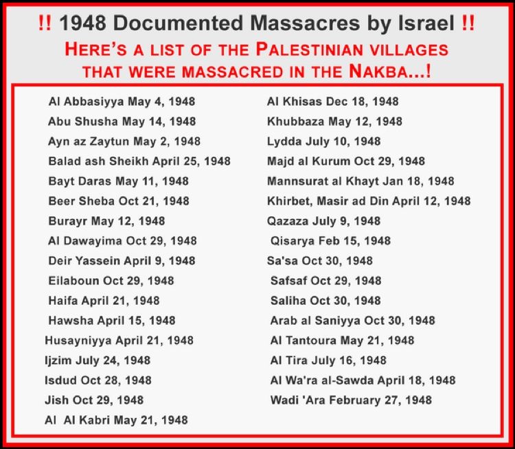 @NickKristof Name things by their proper names Kritsof.
Not 'possible war crimes, but documented war crimes'.
The attached list includes the documented Israeli massacres in Nakba(1948) only.
Since then hundreds of massacres took place.
The latest is Gaza genocide still going on live.