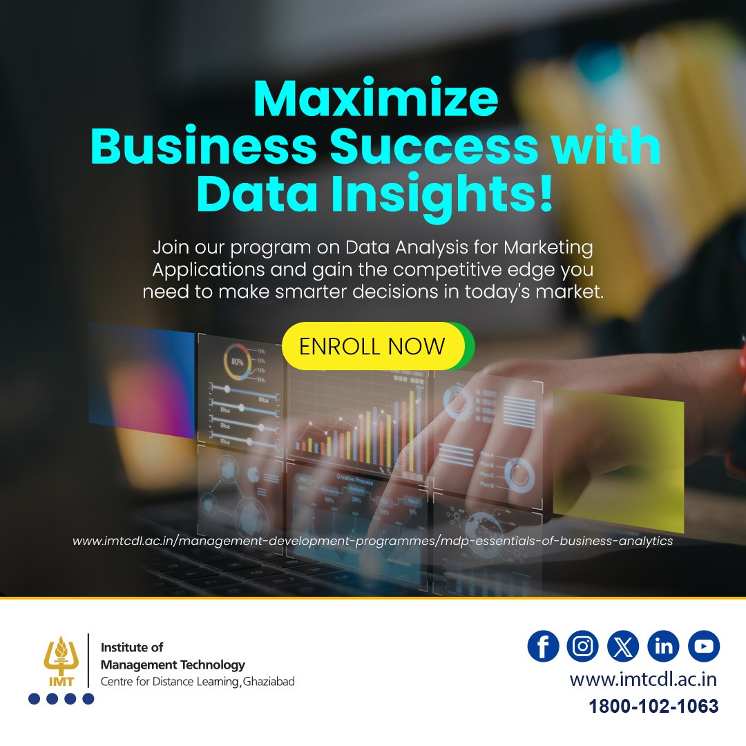 Ready to revolutionize your marketing strategy? Enroll now and harness the power of data to drive business success! Don't wait, secure your spot today.
Visit - imtcdl.ac.in/management-dev…
.
#MDP #DataInsights #IMTCDL #PGDM #distancelearning #MBA #onlineMBA #ODL #management #AICTE