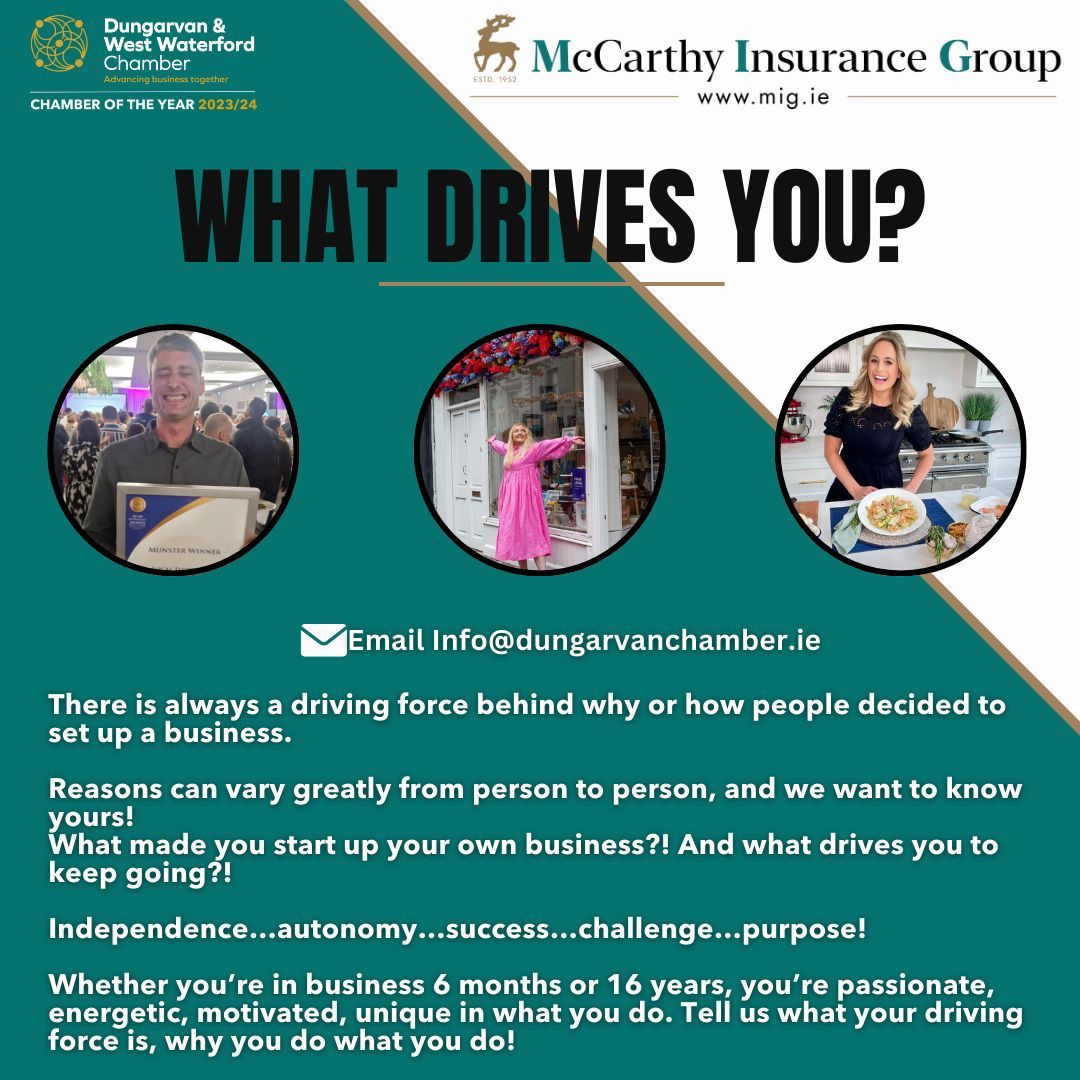What Drives You? What made you start up your own business?! And what drives you to keep going?! If you wish to be involved, we need a few things from you! Please forward the below information to info@dungarvanchamber.ie , using subject line ‘What Drives You?’;