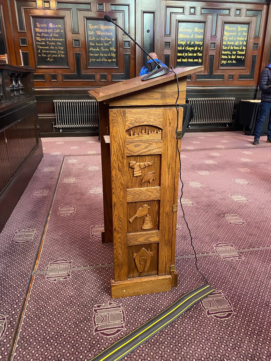 Merchants Moments: Lectern Part 2 The right side of our lectern includes the skyline of the south and the Finnieston crane. There's also symbols associated with the life of Glasgow's patron saint, St. Mungo. Fancy a closer look? Why not become a member? buff.ly/3ZsctiW