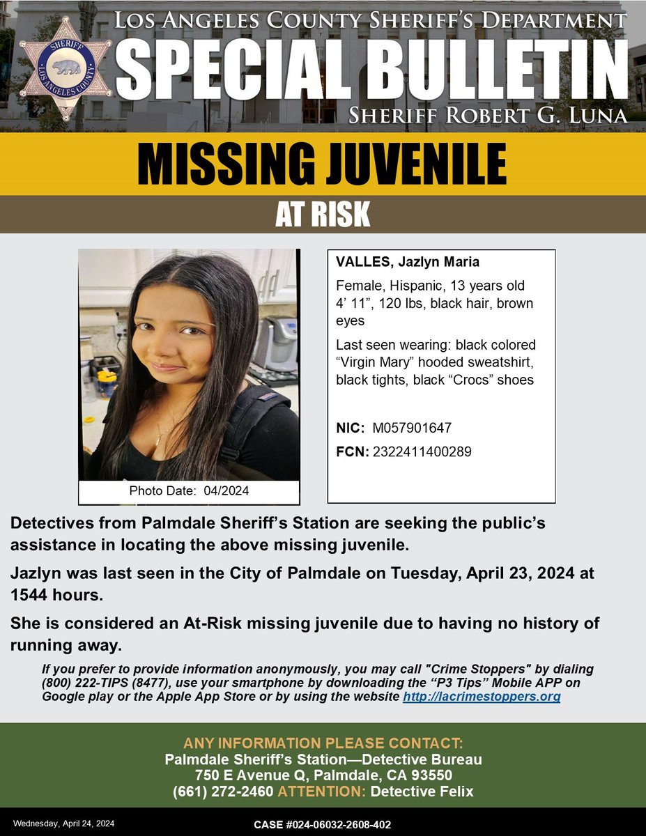 #LASD is Asking for the Public's Help Locating Missing Juvenile Jazlyn Valles #Palmdale local.nixle.com/alert/10912531/