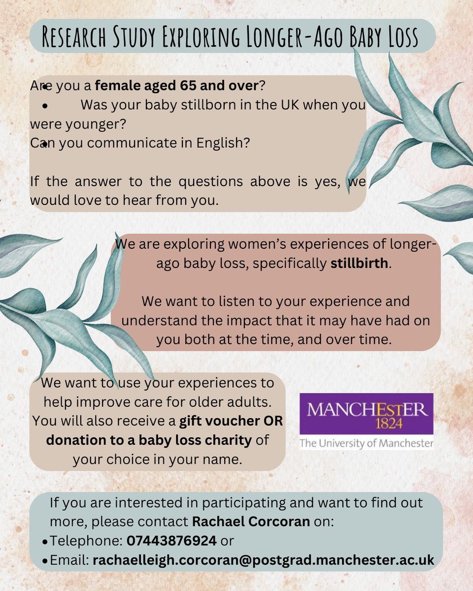 If you are over the age of 65 years and have experienced #BabyLoss please consider taking part in this #ResearchStudy with the University of Manchester, exploring longer ago baby loss. If you are interested visit our website here for more details: achingarms.co.uk/news/research-…