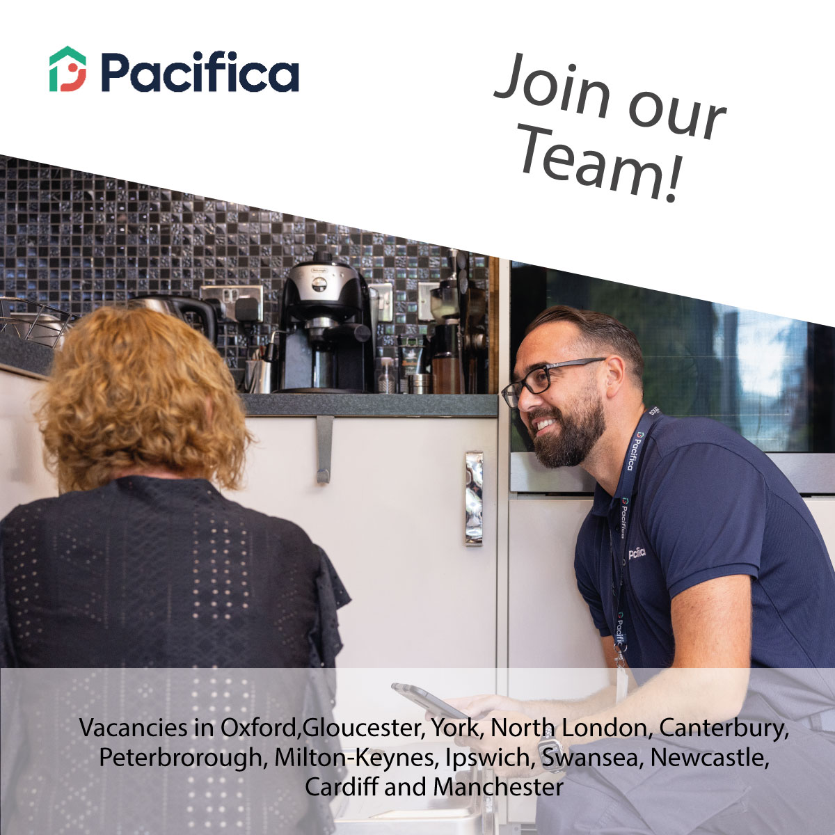 Explore the exciting opportunities available with Pacifica, the UK's number-one #appliancerepair company. Check out the locations listed in the graphic to join our team as a White Goods #Engineer. 

To learn more or to apply please reach out to fieldrecruitment@pacifica.co.uk.