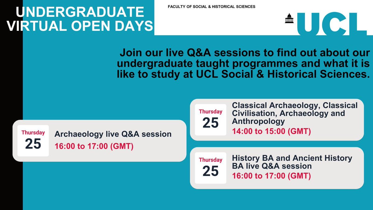 Join us tomorrow as we will be running more online Q&A sessions 📖 ➡️ Get the opportunity to speak to our staff & students and find out what it is like to study at UCL Social & Historical Sciences: buff.ly/4cnzUAt @UCLarchaeology @UCLHistory #UCLOpenDays