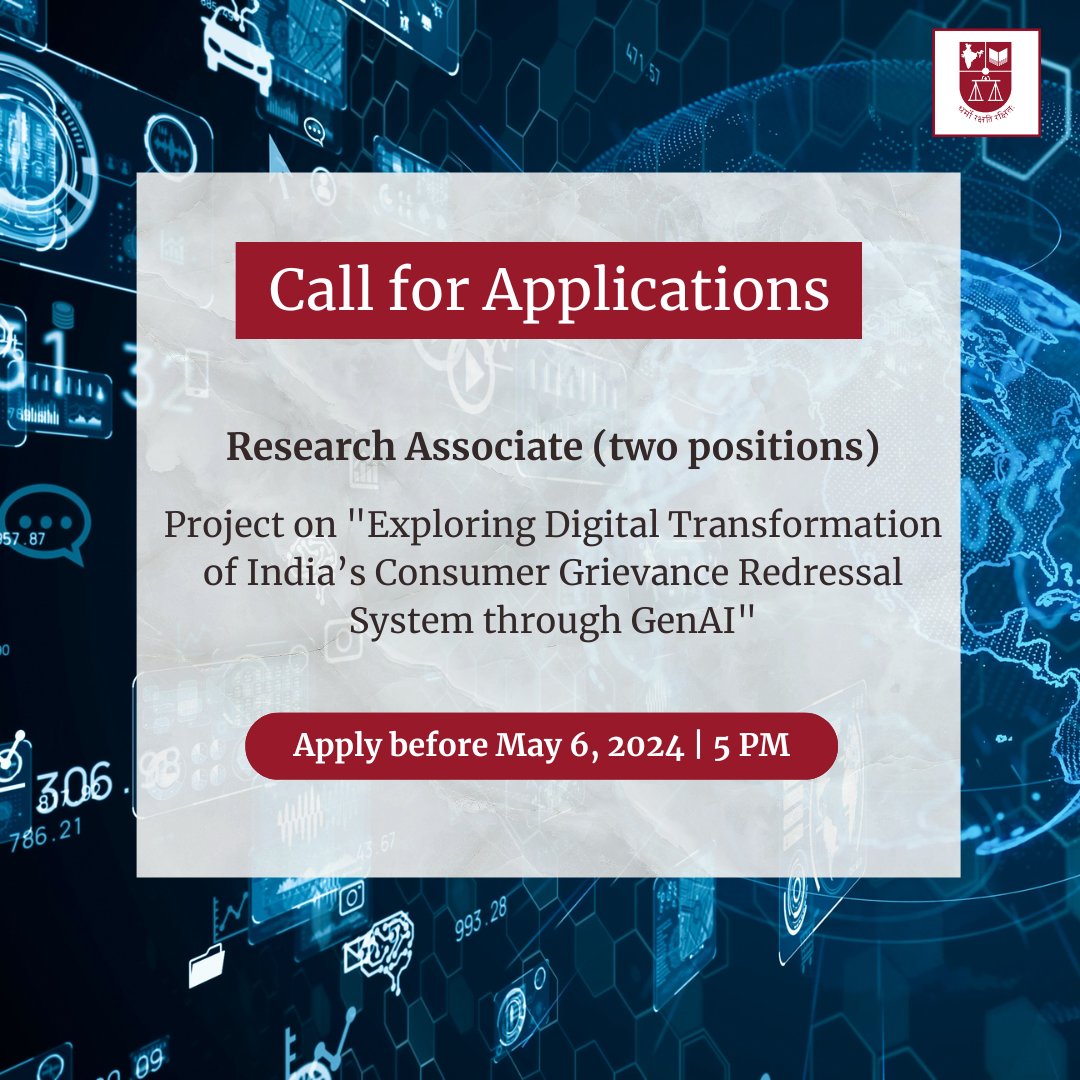NLSIU invites applications for two Research Associate positions under the Project on “Exploring Digital Transformation of India’s Consumer Grievance Redressal System through GenAI”. To know more and apply, visit nls.ac.in/news-events/ca…