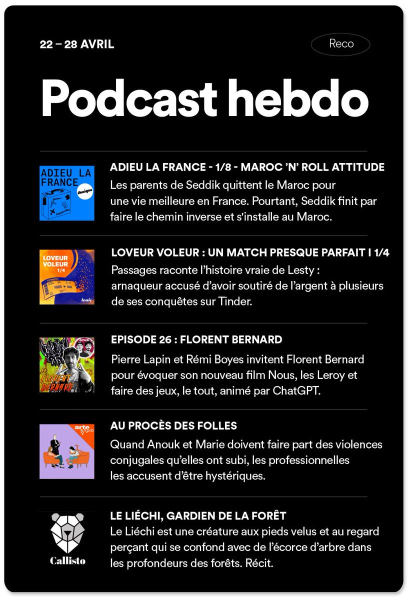On écoute quoi cette semaine comme podcasts ? 🧳 @davidcomme x @sonique_studio 👩‍❤️‍💋‍👨 @Lysianelrb x @LouieMedia x @libe 🎬 @pierrelapin x @fl0rentbernard 💭 @ARTE_Radio x @unpodcastasoi 🌳 @NotaBeneMovies À retrouver dans notre playlist #PodcastHebdo ➡️ spoti.fi/3nenSSq