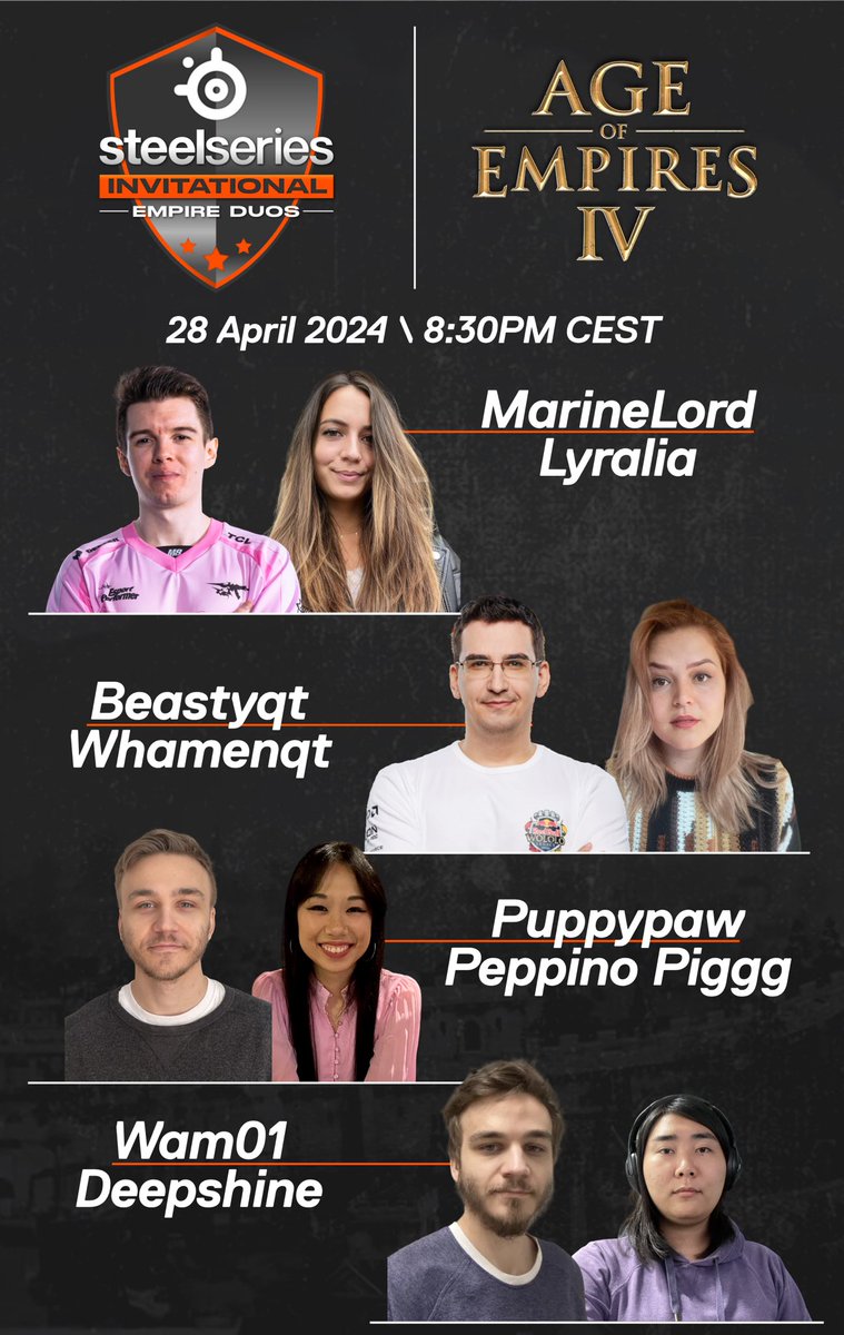 On Sunday we have the best in the world in Age of Empires teamed up with the top ladies in the world for the ultimate 2v2 throne. 

Join on Sunday to see <a href="/MarineLorDSC2/">Alexis</a> <a href="/BeastyqtSC2/">Aleksandar Krstic</a> <a href="/Lyralia_/">Lyralia</a> <a href="/Wam01_AoE/">Daniel Svoboda</a> face off in heated 2v2 battles :D
#aoe4 #ageofempires #esports #steelseries