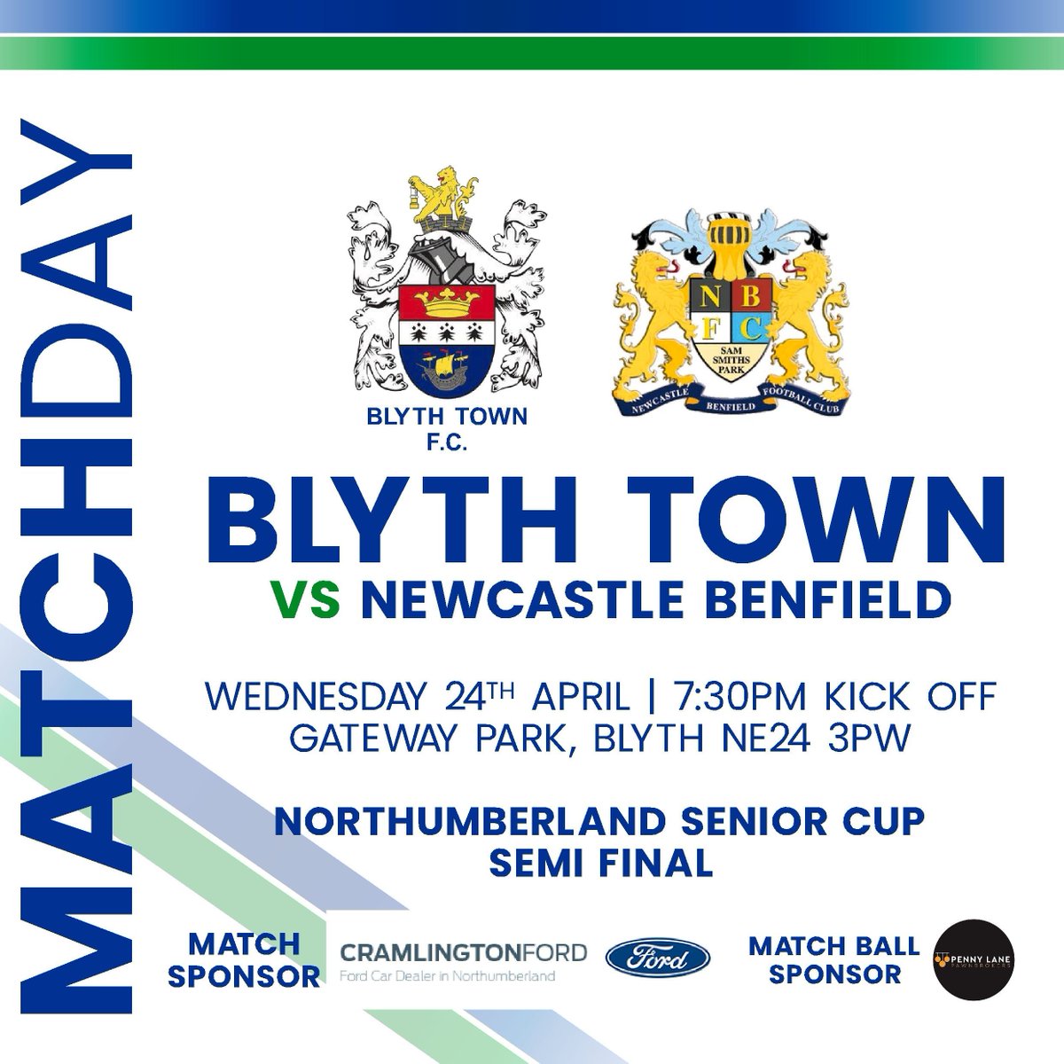 👊 𝗜𝗧'𝗦 𝗠𝗔𝗧𝗖𝗛𝗗𝗔𝗬 

🆚 Newcastle Benfield
🗓 Wednesday 24th April
🕗 7:30pm
🏆 Northumberland Senior Cup Semi Final
🏟 Gateway Park, Blyth NE24 3PW
🎫 £6 | £3 | Free

Matchday Sponsor  Cramlington Ford
Match Ball Sponsor Penny Lane Pawnbrokers