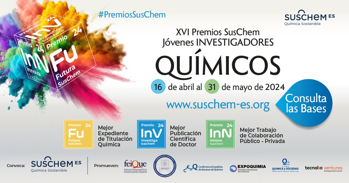 ¿Conoces los requisitos para participar en los #PremiosSusChem?

Si eres menor de 40 años y te dedicas a la #investigación en #química o afines, preséntate: 3 categorías, 3 oportunidades y máximo reconocimiento.

Consulta las bases y participa bit.ly/3d3HzHv