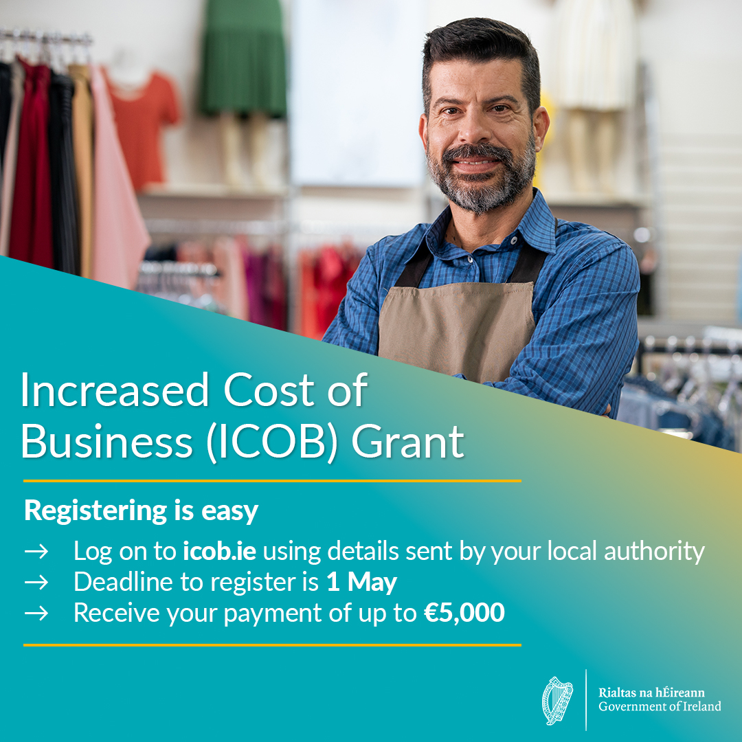 The deadline for Increased Cost of Business (ICOB) grant registration is fast approaching! Businesses have until May 1st to register on the ICOB Portal at icob.ie. #Donegal #YourCouncil