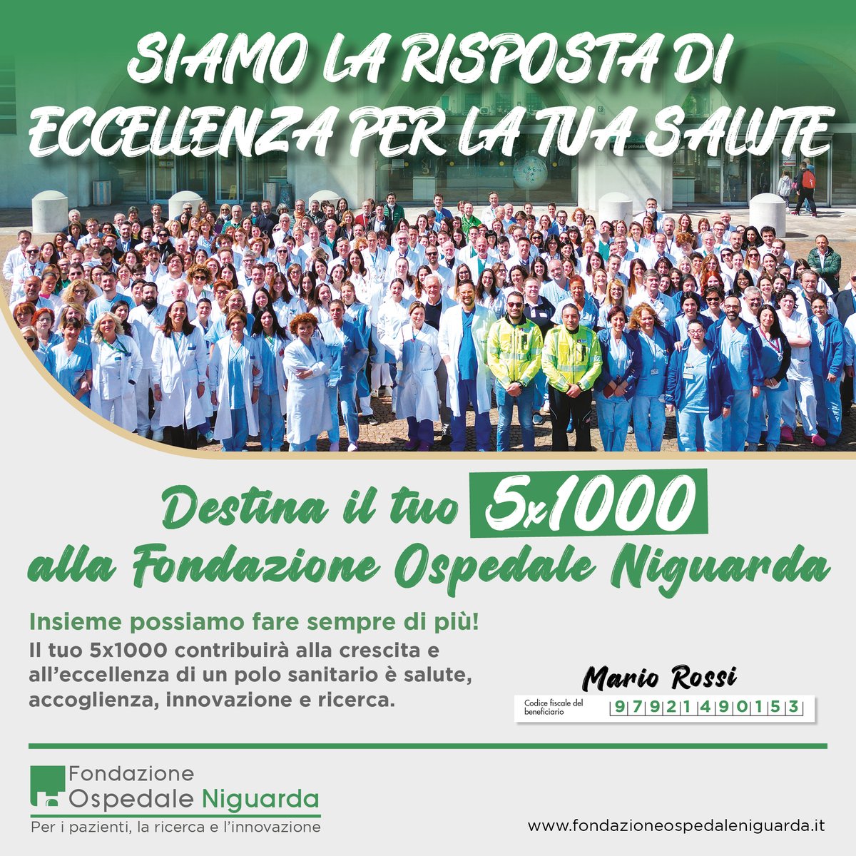 Dona il tuo 5 x 1000 alla Fondazione Ospedale Niguarda Nello spazio del 5x1000 della tua dichiarazione dei redditi inserisci il codice fiscale 97921490153. Contribuirai a sostenere l’Ospedale Niguarda di Milano. Insieme possiamo fare sempre di più! #ospedaleniguarda