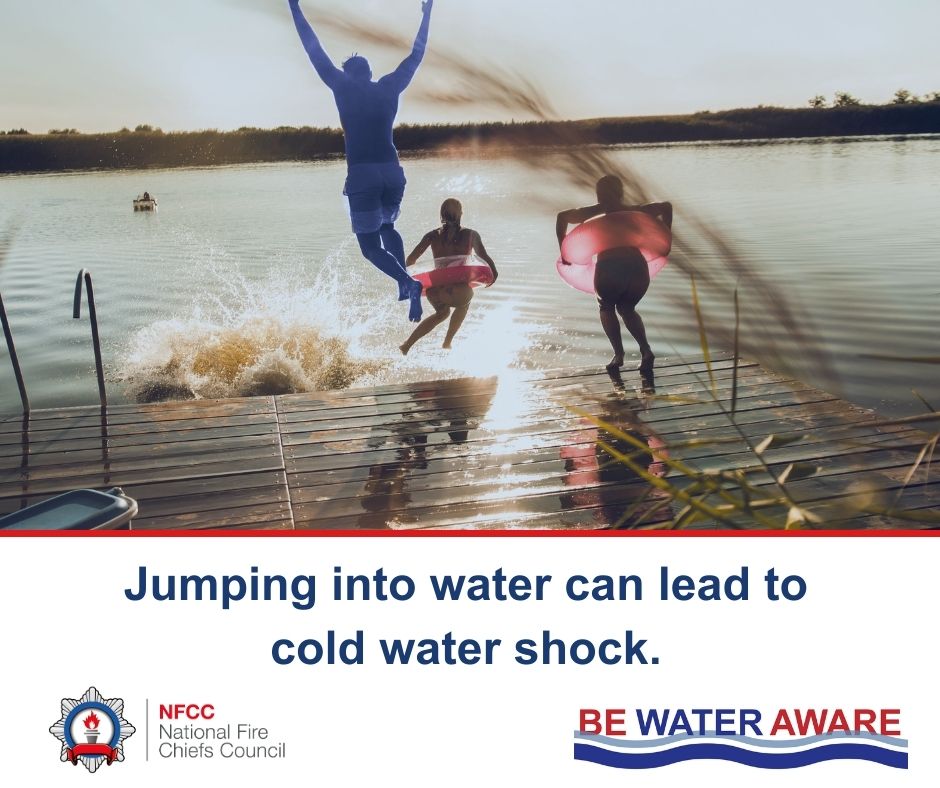 Keep yourself and your mates safe. ▶ Jumping into water has risks. ▶ Water depths can change and there could be hidden debris. Every year people need rescuing, suffer serious injuries, or even die because they jump into the unknown. #BeWaterAware @NFCC_FireChiefs