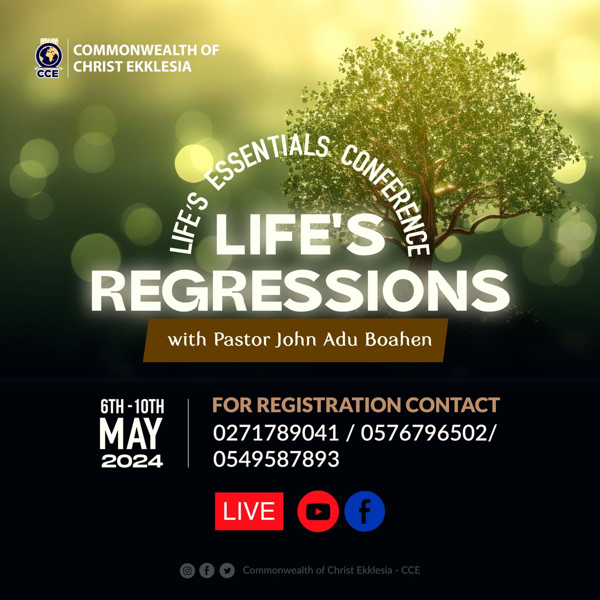 *'LIFE ESSENTIAL CONFERENCE'* themed *'LIFE'S REGRESSION'* with the man of God Pastor John Adu Boahen (PEJAB) comes off this May, from the 6th - 10th May 2024. 'Unlock the mysteries about incarnations, karma, reoccurring patterns, among others which will aid in living a divine…
