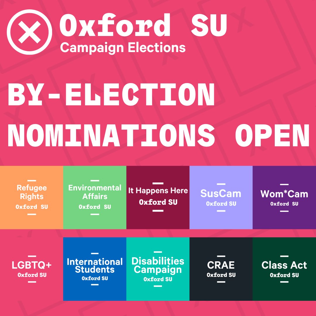 Nominations for the campaign by-elections are now open! This is your opportunity to engage in our campaigns during this transformative period at the SU and contribute to shaping representation at Oxford.

Find all the roles available, and apply here: oxfordsu.org/representation…
