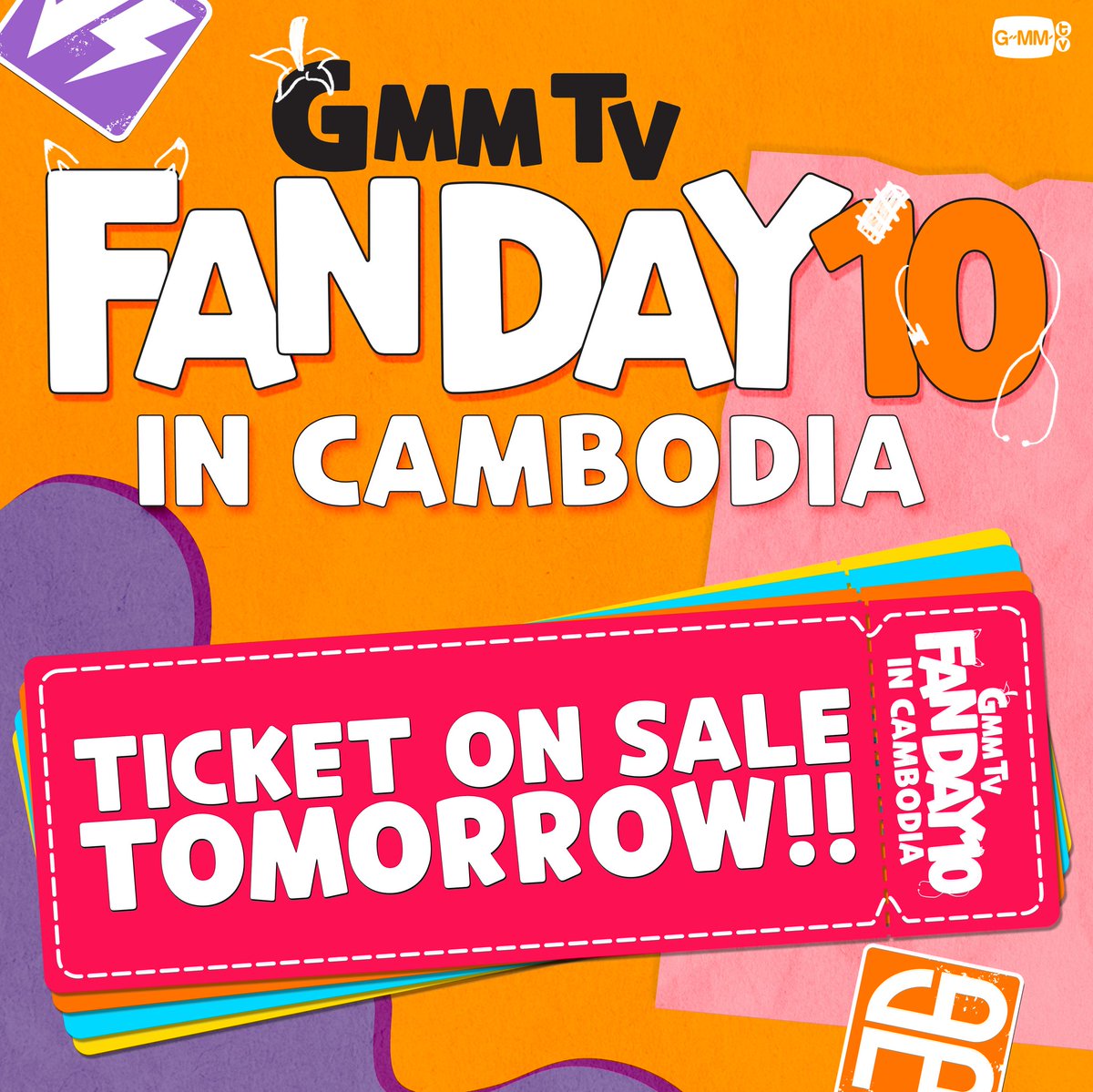 ARE YOU READY‼️ GMMTV FANDAY 10 IN CAMBODIA 📌on 2 June 2024 at NAGA WORLD PHNOM PENH 🎟 Ticket on sale Tomorrow at 10:00 am ➡️➡️ ticketmelon.com ⬅️⬅️ #GMMTVFANDAY10 #FBJSFANDAYxCAMBODIA #GMMTV