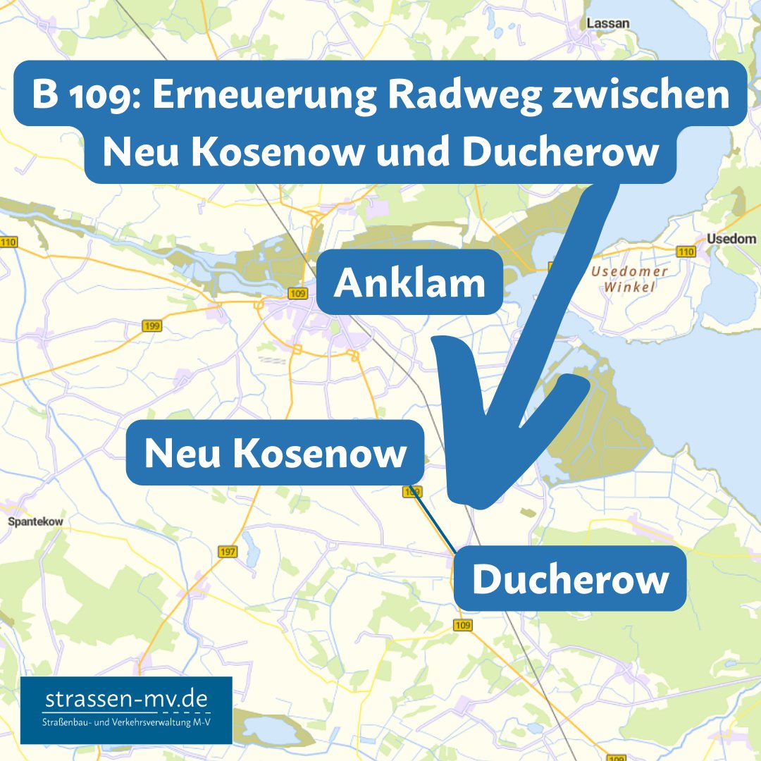strassenmvde's tweet photo. #B109: Wir erneuern seit heute den #Radweg zwischen #Ducherow und Neu Kosenow bei #Anklam (@KreisVG). Der Radweg muss dafür #vollgesperrt werden. Auf der B 109 wird der #Verkehr während der Arbeitszeit einstreifig mittels #Ampeln vorbeigeführt. Mehr Infos: https://t.co/XPLbxVdd3t https://t.co/8VlIAbkb4e