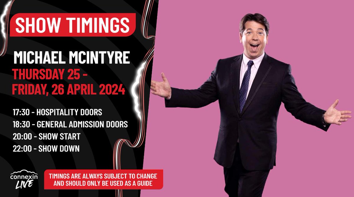 connexinlive's tweet photo. Get ready to laugh until your sides hurt with Michael McIntyre at Connexin Live, Hull! 🎤

📅 Save the date: Thursday, 25 &amp; Friday, 26 April

🕗 Check out the post below for the schedule for the night!

🎟️ Limited Tickets Available 👉 https://t.co/p4p4gk99w8

See you there! 👋 https://t.co/xCNvPc0PnE