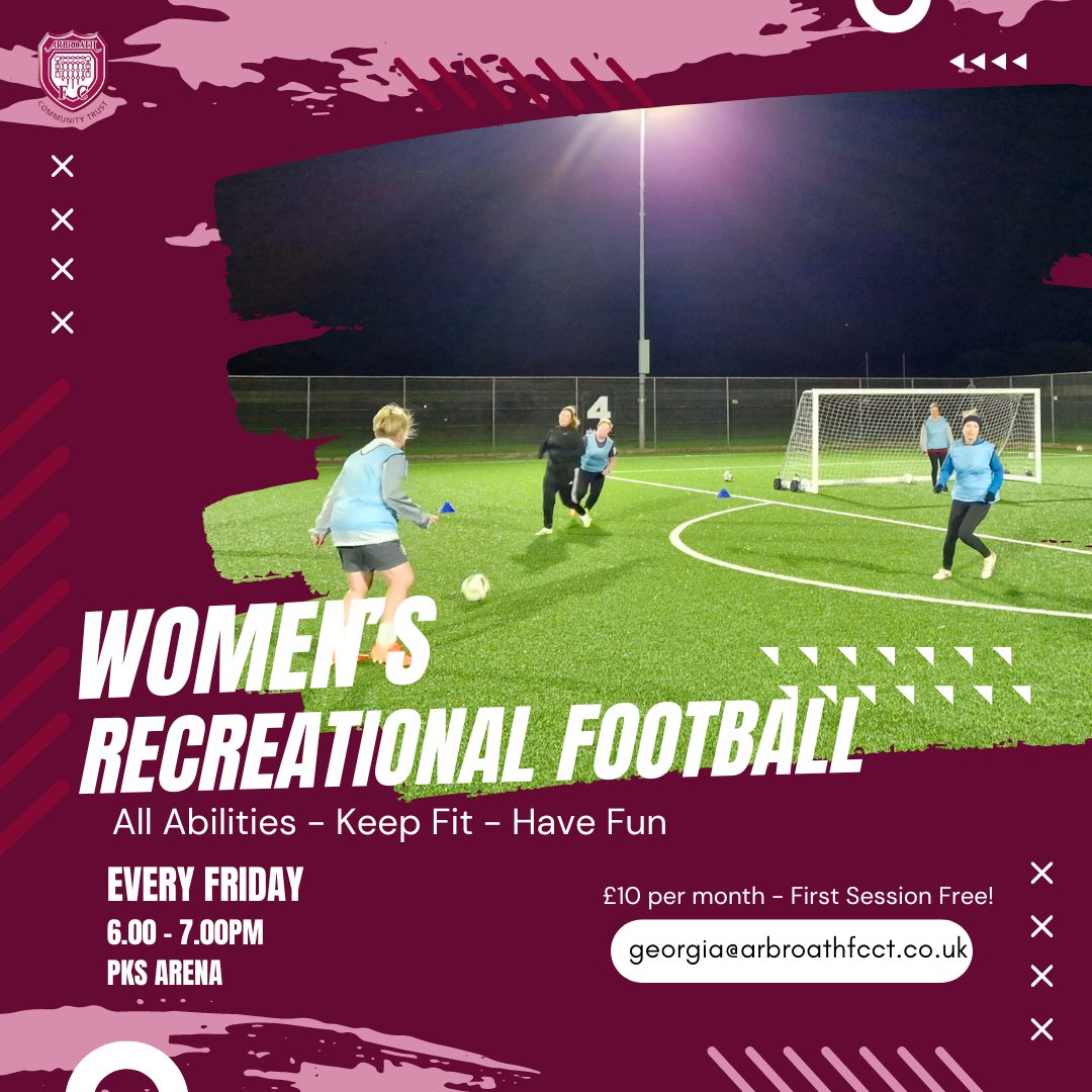 𝐖𝐨𝐦𝐞𝐧'𝐬 𝐑𝐞𝐜 𝐅𝐨𝐨𝐭𝐛𝐚𝐥𝐥 

Our Women's Recreational Football takes place at 6.00-7.00pm every Friday!

Interested in coming along? It is free to try it out! Contact us or just come along on the day!

#SportForAll #ArbroathFCCT #SheCanSheWill