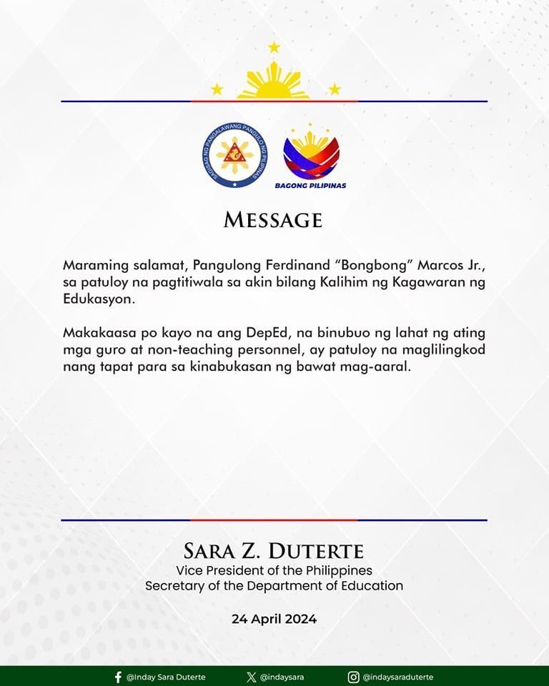 READ: Vice President Sara Duterte thanks Pres. Ferdinand Marcos Jr for his continued trust. This follows the President’s pronouncements that she will remain in the Cabinet despite calls for her resignation or replacement. @ABSCBNNews