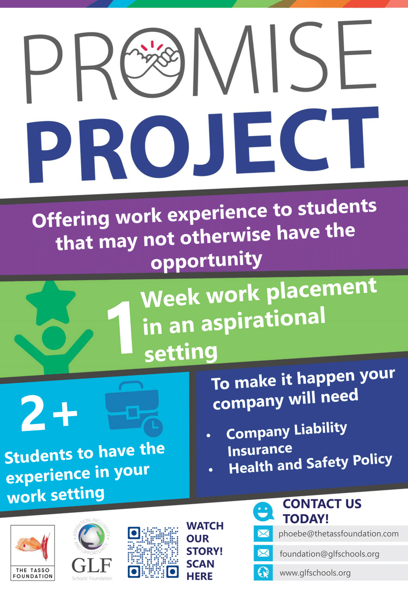 The Promise Project will be providing work experience to Year 10 students at <a href="/Meridian_HS/">Meridian High School</a>

By providing 2 or more students a weeklong placement we aim to inspire &amp; motivate our students in school &amp; beyond!

please contact foundation@glfschools.org or phoebe@thetassofoundation.com