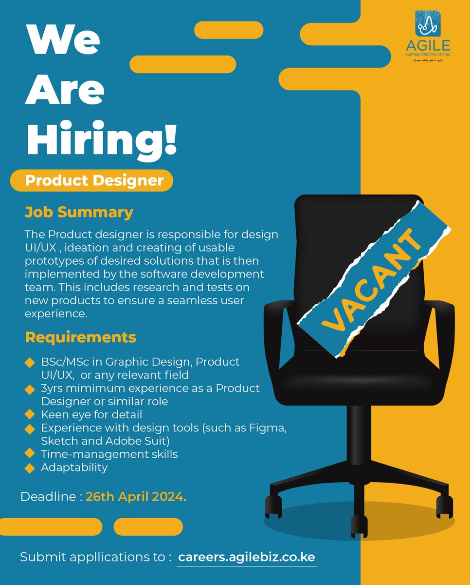 Are you #AGILE?

Position open : Product Designer
Deadline : 26th April 2024
#hiring #hiringalert #hiringtalent