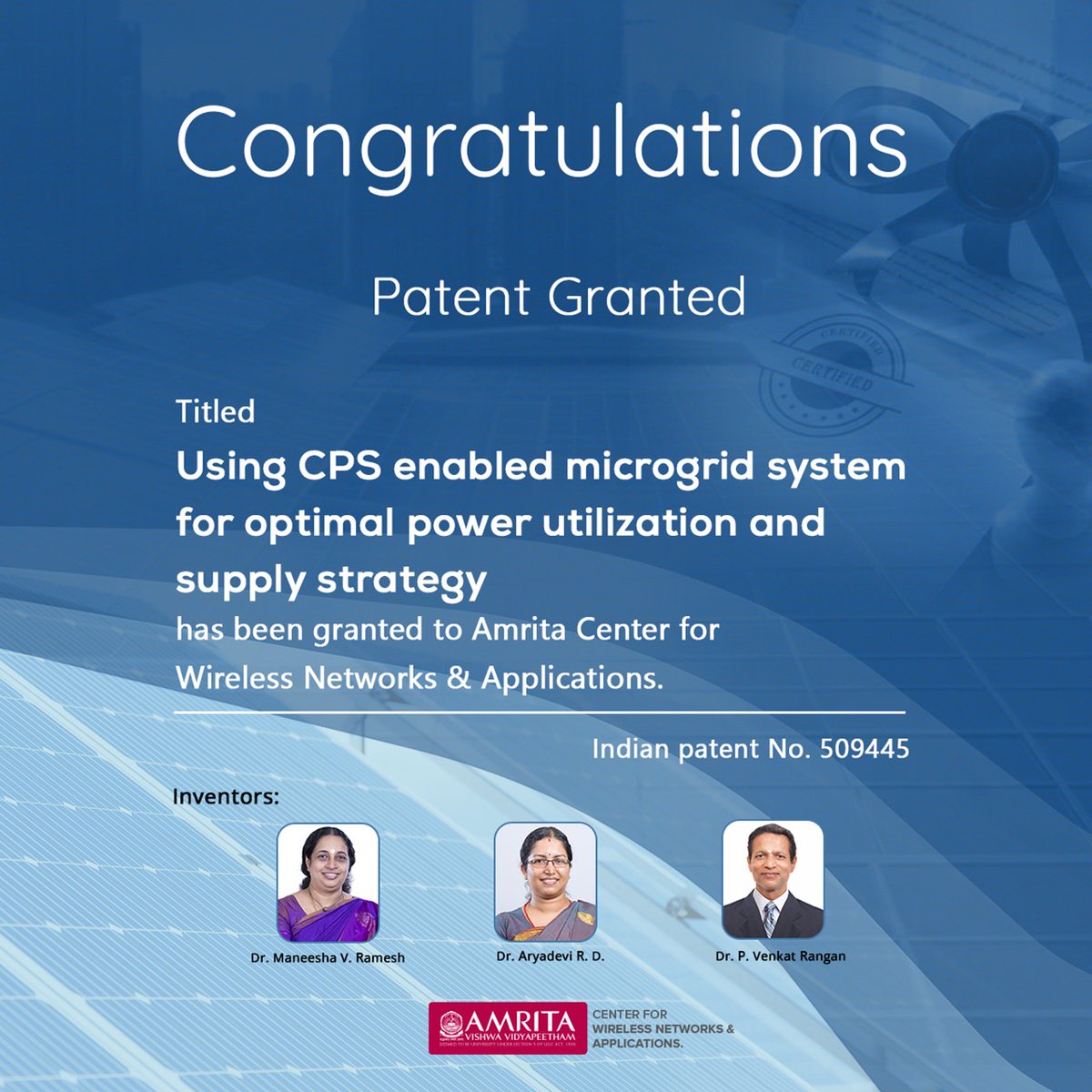 Our @AmritaWna has been granted an Indian Patent No. 509445 titled 'Using CPS enabled microgrid system for optimal power utilization and supply strategy' for an innovative #system for optimizing power utilization in #microgrids. Congratulations inventors! #Microgrid #Amrita