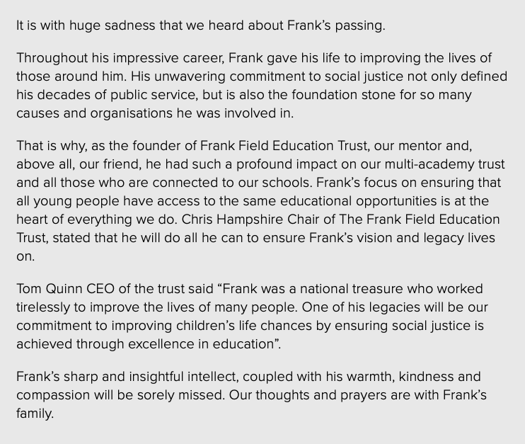 FFEduTrust's tweet photo. Press Release: Statement from Frank Field Education Trust https://t.co/D9AlpuvvXc