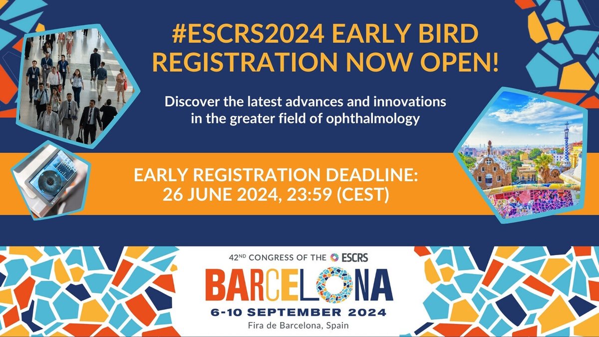 ⭐ Early registration is now open for #ESCRS2024 #Barcelona and we invite you to join us as we explore the latest advancements in #cataract and #refractivesurgery this September!

Register before 26 June 2024 to enjoy special discounted rates: tinyurl.com/escrsregistrat…