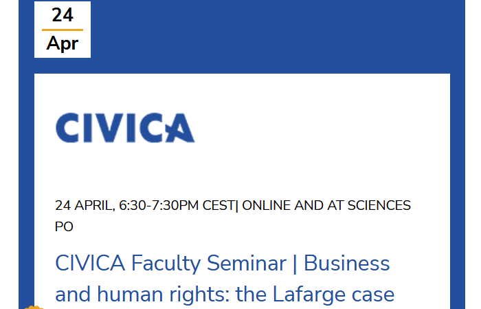 Join online today at 6.30pm for new @CIVICA_EU Faculty Seminar hosted by @sciencespo on the topic of the intersection of business and human rights, focusing on the Lafarge case, with Bocconi’s Enrico Basile and @mignon_astrid Join here 👉 sciencespo.fr/ecole-droit/fr…