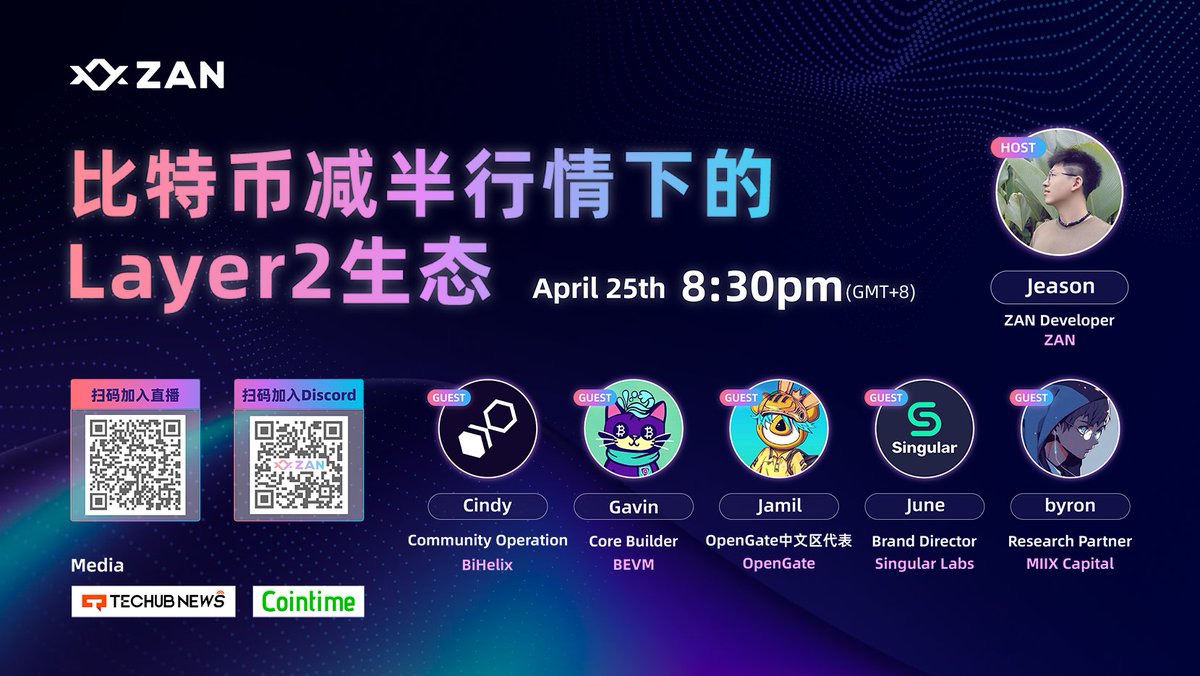 🎙️ #AMA 比特币减半行情下的Layer2生态
📅 4.25 周四晚：8:30 PM GMT+8
🔗 x.com/i/spaces/1nAJE…
🔥主持人：Jeason <a href="/zan_team/">ZAN</a> <a href="/jeasonstudio/">jeason.eth</a>
🌟嘉宾：
Cindy <a href="/BiHelix_/">BiHelix | RGB</a>
Gavin <a href="/BTClayer2/">BEVM</a> <a href="/gguoss/">Lux(λ) ｜光灵｜GEB</a>
Jamil <a href="/OpenGateLab/">OpenGate</a> <a href="/Jamil_fil/">Jamil.fil</a>
June @0xSingularLabs
Byron <a href="/MIIXCapital_CN/">密客社区</a> 
抽奖🎁详见👇thread