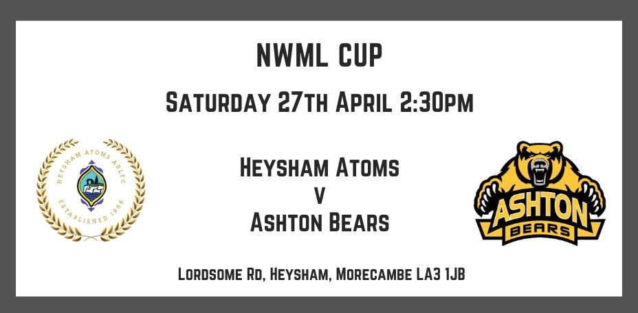 AshtonBears's tweet photo. OPEN AGE FIXTURE

We are in NWML Cup action this weekend as we make the trip to @HeyshamAtoms 

We are taking bookings for the coach which will leave the club at 12pm - get in touch to book your place.

We hope to see you there cheering the lads on 🏉🐻 https://t.co/6QdbY1oIRY