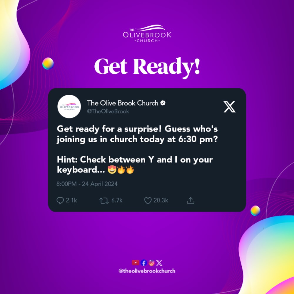 TheOliveBrook's tweet photo. Get ready💃💃🕺
we have a big surprise!
Guess who's joining us in church today at 6:30 pm?
Check between Y and I on your keyboard to find out.
#Theolivebrookchurch #yandi #suprise #liveservice #TheGreastestOfAllTime #Godwords #keyboard #Twittercircle #TrendingNow #BeThere https://t.co/O7T1ohK8BC