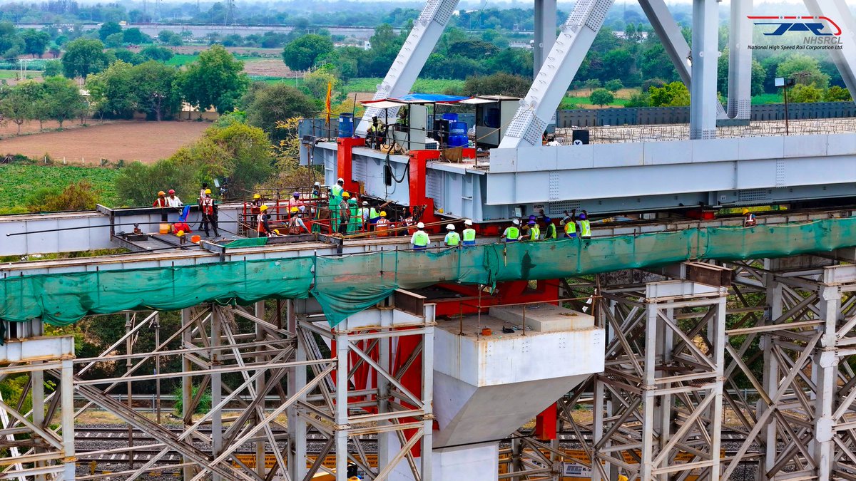 A 100 metre long steel bridge launched on railway lines for #BulletTrain corridor