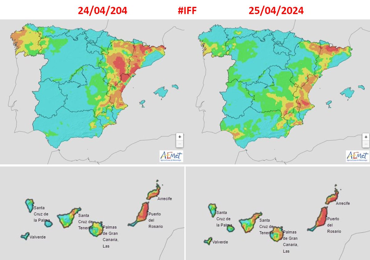 🔴#AEMETInforma Este miércoles y el jueves se espera un riesgo de incendio muy alto o extremo en zonas del este peninsular y Canarias. Extrema las precauciones.#IIFF aemet.es/es/eltiempo/pr…