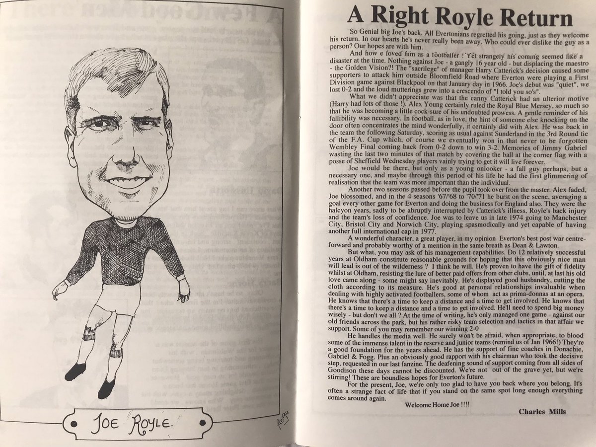 How the Glwladys Sings The Blues fanzine marked the arrival of Joe Royle as Everton manager in 1994. The perceptive article was penned by Charles Mills Sr. - grandfather of James Corbett (@james_corbett ), the fanzine’s editor.