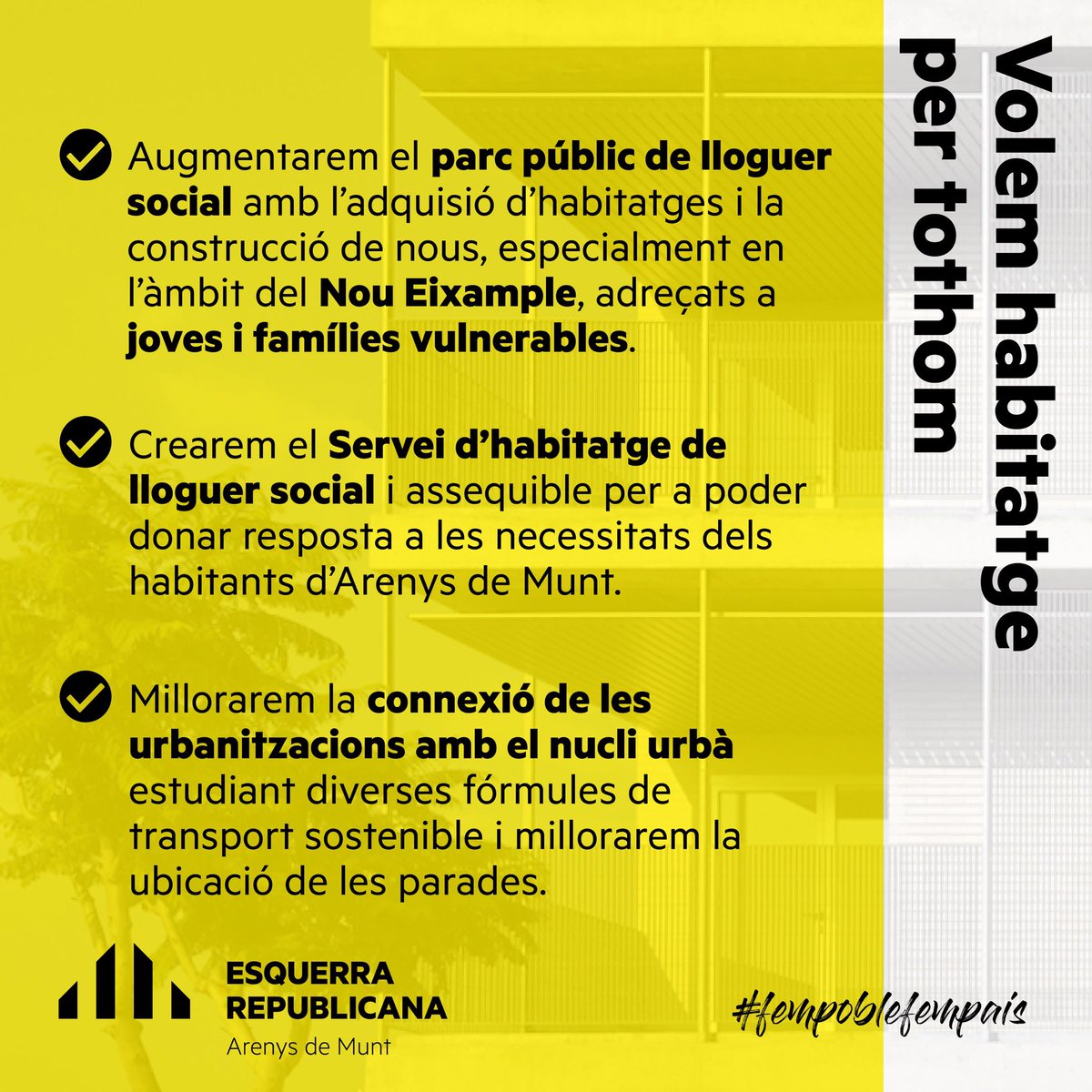 1️⃣ Pensem en les persones 👩👨
2️⃣ Cuidem el nostre medi ambient ♻️🌱
3️⃣ Millorem les vies públiques 🛣️ i la mobilitat 🚙
4️⃣ Volem habitatge per tothom 🏠