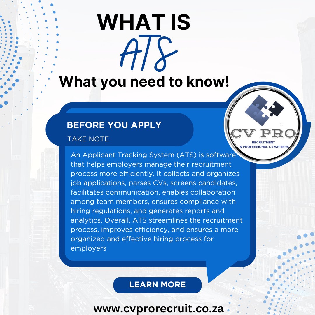 𝗔𝘁𝘁𝗲𝗻𝘁𝗶𝗼𝗻 𝗝𝗼𝗯 𝗦𝗲𝗲𝗸𝗲𝗿𝘀!

𝗘𝗺𝗮𝗶𝗹: info@cvprorecruit.co.za
𝗧𝗲𝗹: +27 73 862 8324
𝗪𝗵𝗮𝘁𝘀𝗔𝗽𝗽: +27 79 932 8324

#CVPro #weknowrecruitment #yourpartnerinprogress #ATS #Recruitment #CV #Jobopening #Recruiters #CVServices