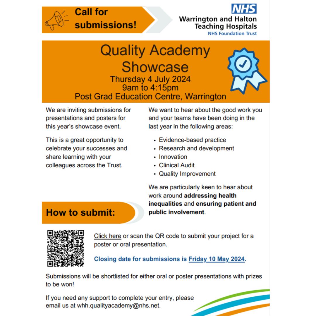 WHH -Not yet submitted your idea for the QA Showcase yet? Don't worry! The deadline is now Friday 10 May.  We can't wait to hear about the wonderful work that has been happening in the Trust over the past 12 months!🥳 Click bit.ly/3Tyf1Kb today to register your idea.