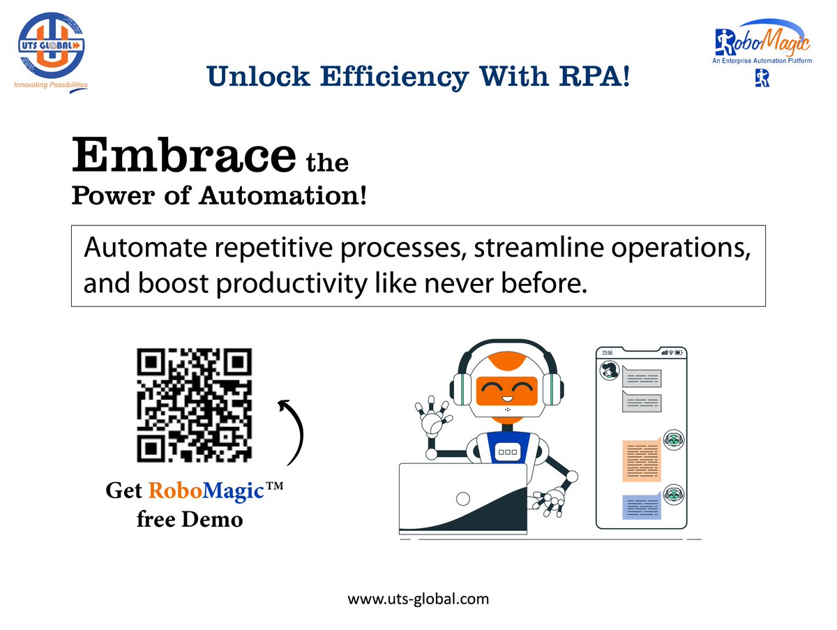 Embrace the power of Automation with RoboMagic™- An AI/ML-based 100% Scriptless End-to-End hyperprocess automation platform for all your RPA needs - uts-global.com 

#rpa #roboticprocessautomation #rpatools #rpacommunity #rpajobs #processautomation #ai #ml 
#uts