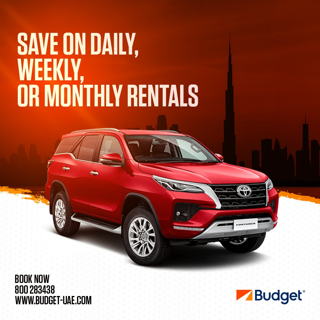 budgetuae's tweet photo. Choose the rental plan that suits your needs and save with flexible options from Budget.
Book now by calling us at 800 283438 or by clicking the link: https://t.co/YfvzeLgbCD #Budget https://t.co/TNZWcIlc0M