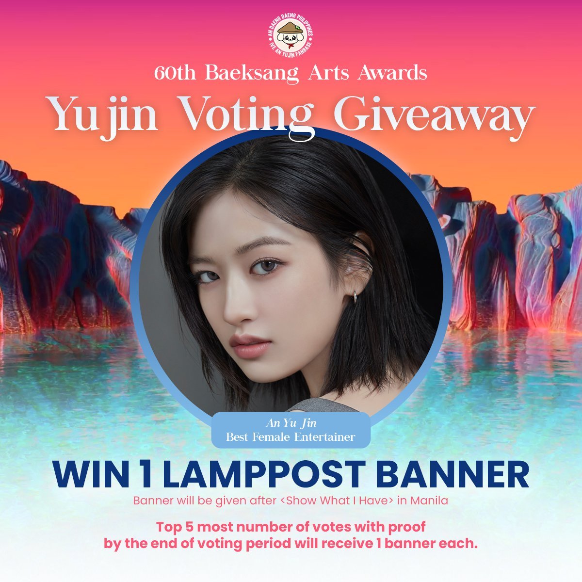 [GIVEAWAY]

Get a chance to win a lamp post banner by voting Yujin in the 60th Baeksang Popularity Awards!

Top 5 most number of votes with proof by the end of the voting period will receive 1 banner each. Make sure to watermark your proofs and reply to this tweet.

Check the