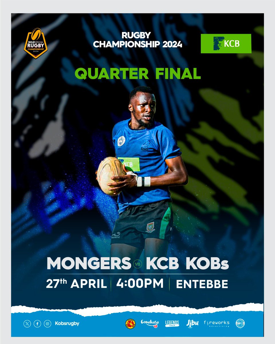 The Army charges towards the shores this weekend in the 1st leg of the Quarter Finals. 👕 @Mongersrugby 📅Saturday, 27th April 2024 ⏰4pm 🏟️ Entebbe #PoetryInMotion #kcbkobs #NileSpecialRugby #GutsGritGold #RaiseYourGame