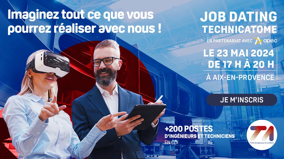 TechnicAtome (@technicatome) on Twitter photo #Recrutement | 📢 <a href="/Technicatome/">TechnicAtome</a> vous donne #RDV le 23 mai sur son site d'#Aix !
👉#TA ouvre ses portes exceptionnellement pour un #jobdating
👉Venez découvrir nos métiers et rencontrer les managers et équipes #RH
Infos👉technicatome.com/un-job-dating-…
#emploi #ingénierie #TAleProfil #Recrutement | 📢 <a href="/Technicatome/">TechnicAtome</a> vous donne #RDV le 23 mai sur son site d'#Aix !
👉#TA ouvre ses portes exceptionnellement pour un #jobdating
👉Venez découvrir nos métiers et rencontrer les managers et équipes #RH
Infos👉technicatome.com/un-job-dating-…
#emploi #ingénierie #TAleProfil