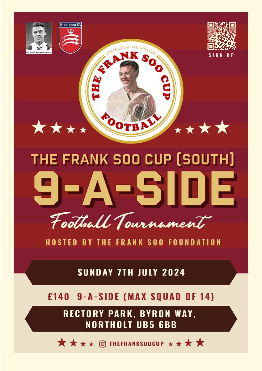 The Frank Soo Cup returns to Rectory Park on Sunday 7th July (10am-4pm) for another 9-a-side football tournament, hosted by the @FSooFoundation! 🤩 Find out more and enter here ⬇️ buff.ly/3UzEtks