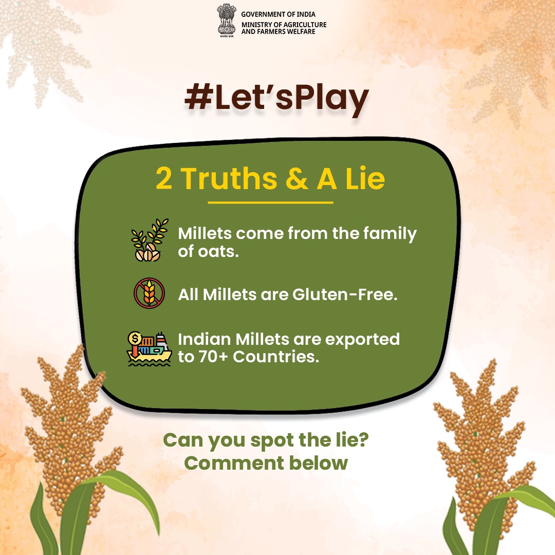 Think you know your millets?

Let's play 2 Truths & A Lie! Can you spot the lie? 

#IYM2023 #ShreeAnna #MilletsFacts