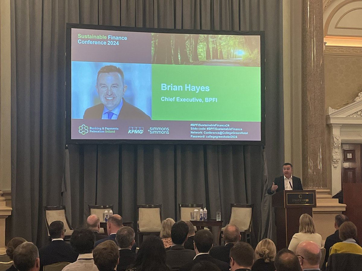 Brian Hayes, Chief Executive @BPFI delivers a keynote address at a full house at the #BPFISustainable24 conference in collaboration with @KPMG_Ireland and @SimmonsLLP.