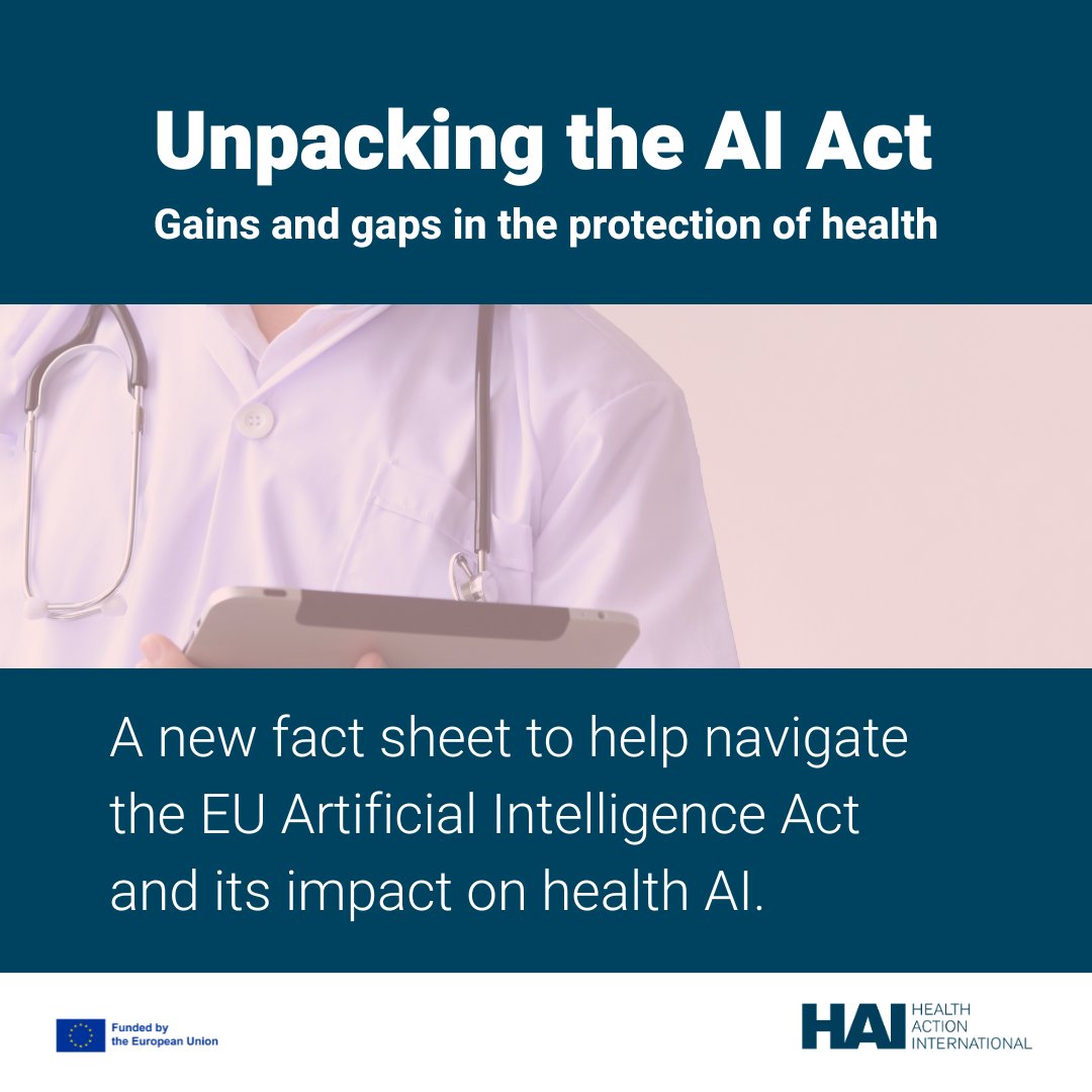 The EU #AIAct will have major implications for healthcare, making it essential to understand what it means for the sector. A new fact sheet lists some of the protections the Act will bring to health #AI, as well as gaps that still remain. Read it here: haiweb.org/publication/un…