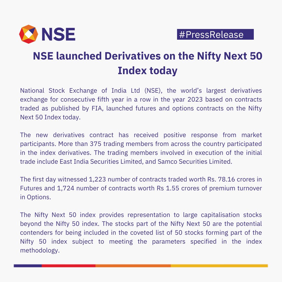 Press Release: NSE launched Derivatives on the Nifty Next 50 Index today. Follow the link to know more: bit.ly/3W9bGUZ

#PressRelease #NIFTYNXT50 #NiftyNext50Index @ashishchauhan