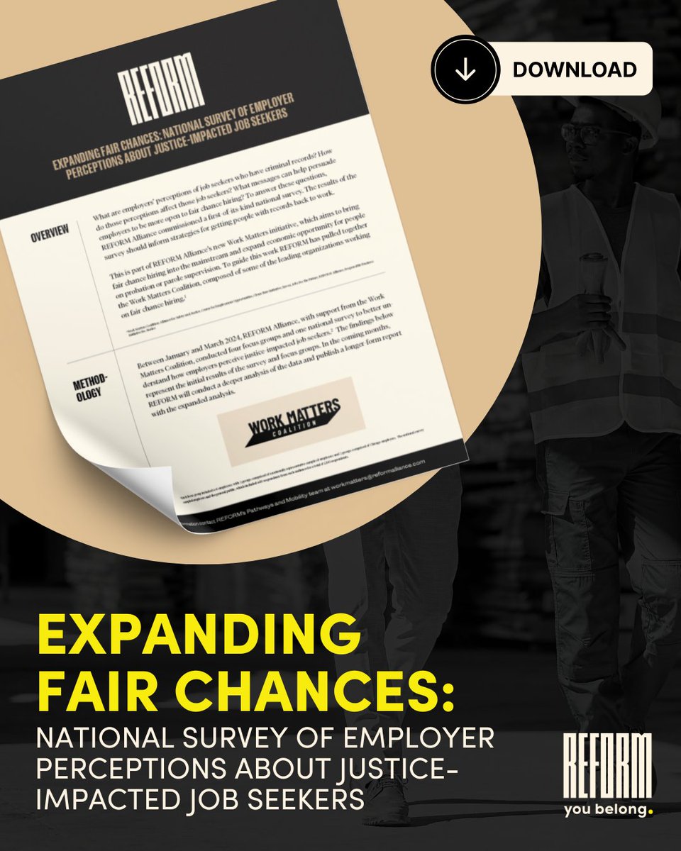 We want to bring fair chance hiring into the mainstream and expand economic opportunity for people on supervision. That's why we've conducted national research to better understand employers' perceptions about justice-impacted job seekers. Learn more: reformalliance.salsalabs.org/reform_2024_em…